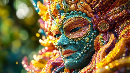 Vibrant thai bead mask display at cultural festival colorful art installation outdoor setting artistic perspective