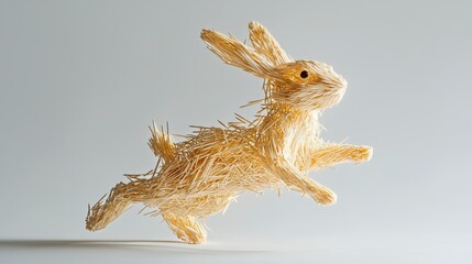 Fototapeta premium Dynamic toothpick rabbit sculpture leaping in minimalist display studio environment conceptual art close-up view