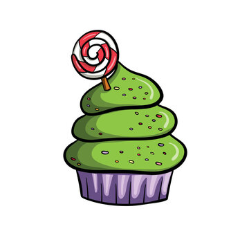 Christmas tree cupcake with round lillipop candy. Hand drawn vector illustration in cartoon style on white background.
