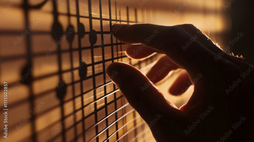 Aufkleber fingers casting shadows on guitar strings intimate music scene warm light artistic perspective music