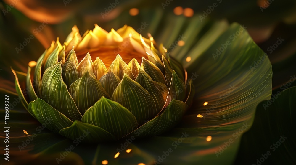 Poster intricate arrangement of folded banana leaves mimicking a lotus nature scene artistic presentation c