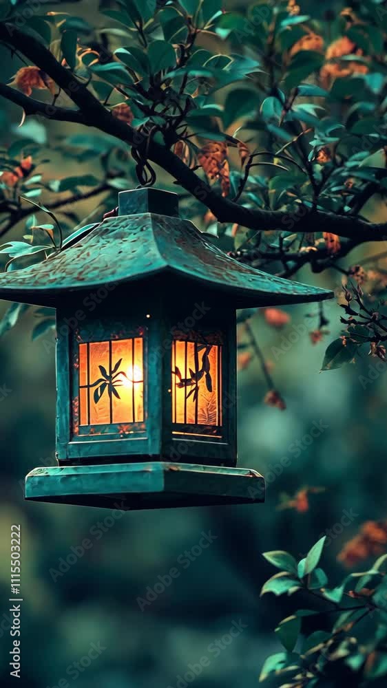 Poster soft glow of a lantern hanging from a branch in an enchanting garden at twilight