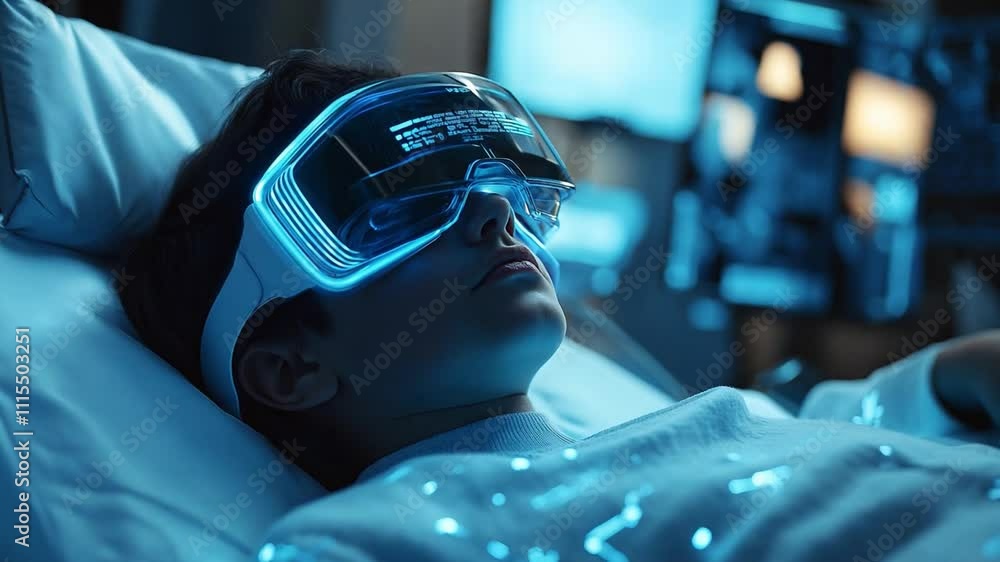 Poster child immersed in ai generated virtual reality experience while resting on a bed with glowing interf