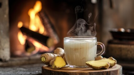 A steaming cup of ginger tea beside a cozy fireplace, evoking warmth and comfort.