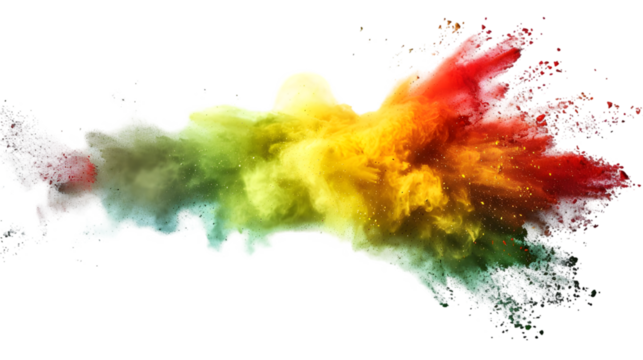 DarkRed, Yellow, Green colours powder exploding isolated on a transparent background.