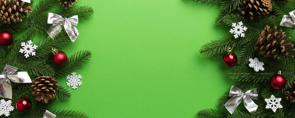 Christmas background with fir branches and Christmas decor. Top view, copy space for text