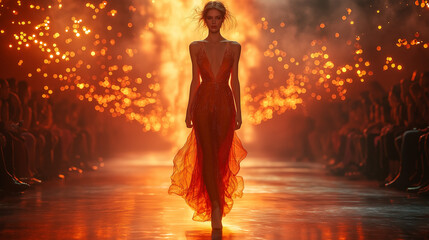 ランウェイを歩く女性モデル