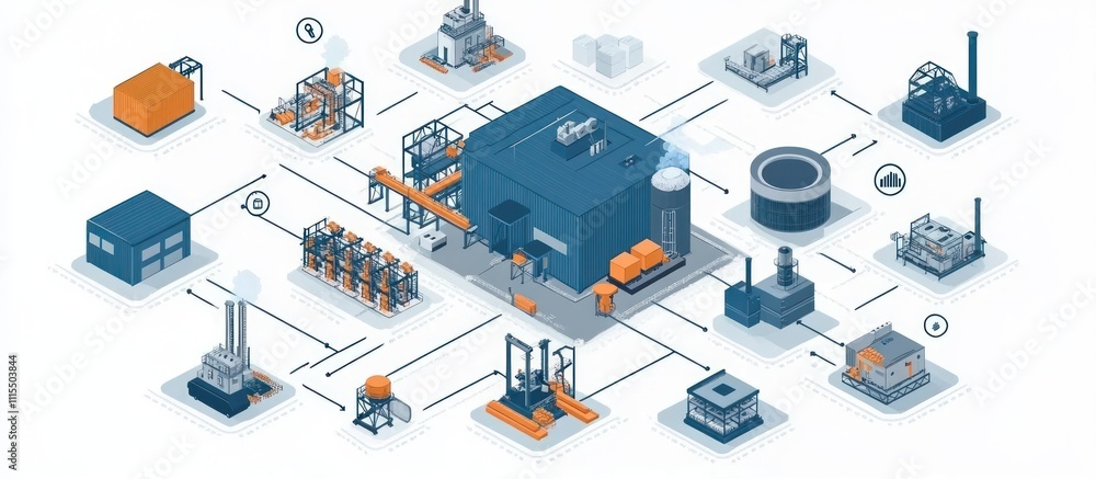 Poster isometric illustration of a complex manufacturing process with multiple interconnected factories and