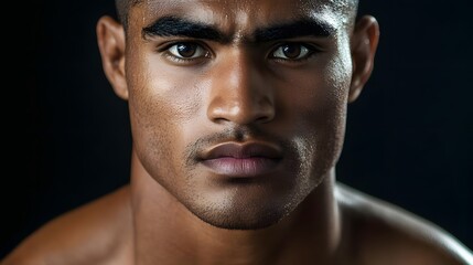 Fototapeta premium A close-up portrait of a serious young man against a dark background.