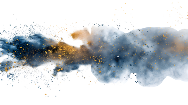 Grey, Blue, Gold colours powder exploding isolated on a transparent background