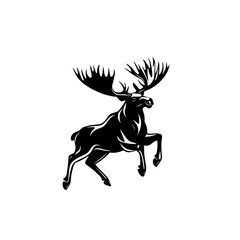 Fototapeta premium Silhouette of a Leaping Moose, Black silhouette of a leaping moose with large antlers on a white background, representing strength, wilderness, and elegance.
