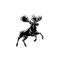 Fototapeta premium Silhouette of a Leaping Moose, Black silhouette of a leaping moose with large antlers on a white background, representing strength, wilderness, and elegance.
