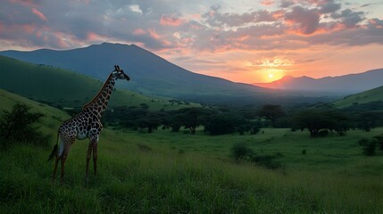 Fototapeta premium Giraffe silhouetted against a vibrant sunset over African savanna. Majestic wildlife scene.