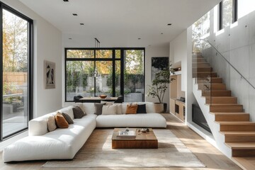 Fototapeta premium Modern Minimalist Living Room Design With Wooden Staircase
