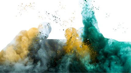Grey, Green, Gold colours powder exploding isolated on a transparent background
