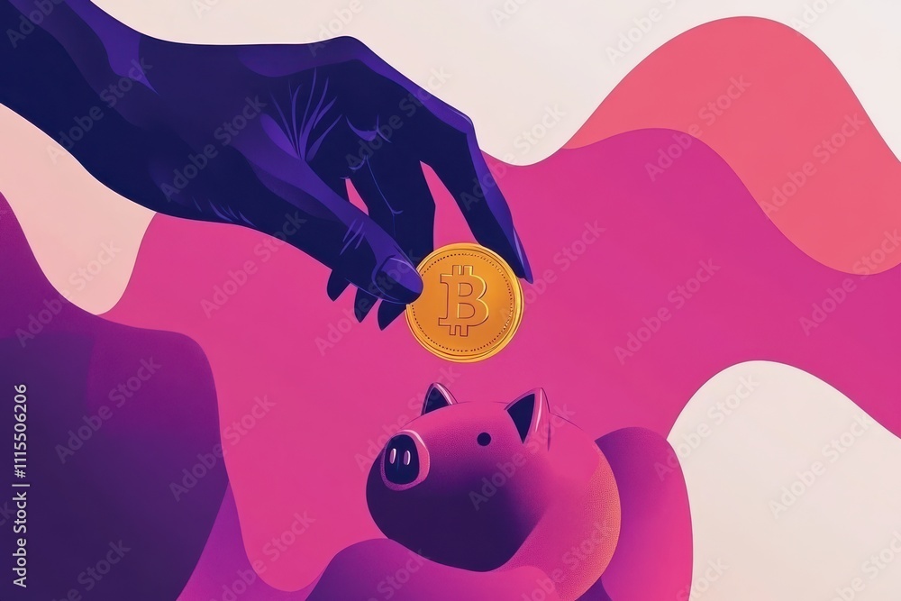 Poster hand holding a golden coin above a piggy bank in a modern abstract vector art style with smooth shad