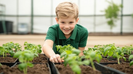 Cheerful young boy gardening in a greenhouse carefully tending to plants as part of a STEM integrated project that combines his academic interests and personal growth goals