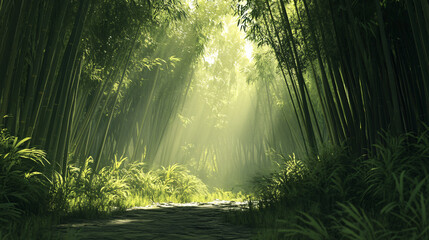 Obraz premium A dense bamboo forest with tall green stalks, dappled sunlight, and a calm, earthy atmosphere.