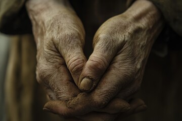 Fototapeta premium Close up of aged dirt stained hands clasped together showing the effects of time and labor.