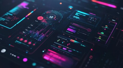 Obraz premium Futuristic digital interface displaying data analytics and metrics.