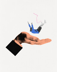Contemporary art collage. Exhausted and tired man falling backward into hand, representing trust in...