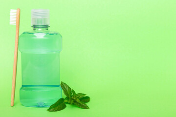 Mouthwash and fresh mint on colored background, top view with copy space for text