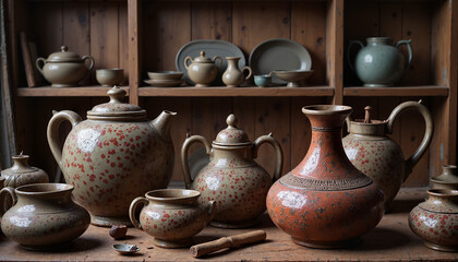 Hand-painted dotted patterns on ceramic pottery in craft workshop