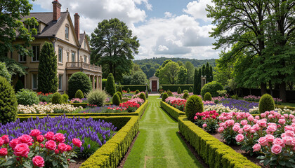 Close-up of English garden with blooming roses, lavender, and neatly trimmed hedges at countryside estate