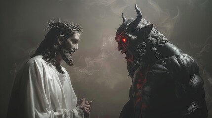 Naklejka premium Dramatic face off a peaceful jesus like figure challenges a sinister demon in good vs evil battle