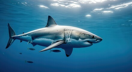 Obraz premium Majestic great white shark gliding effortlessly through crystal clear ocean waters