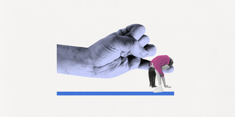 Contemporary art collage. Huge blue hand gently holding curled-up woman, representing safety and emotional support in therapy. Concept of psychotherapy, support, mental health, burnout.