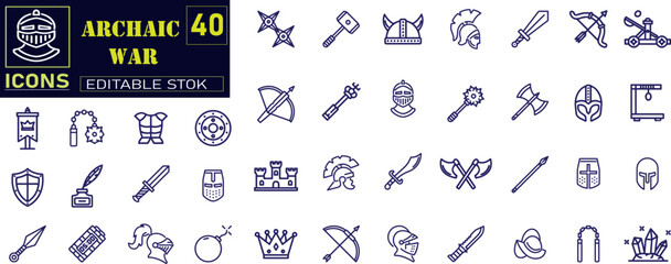 Set of Archaic War Related Vector Line Icons.