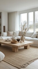 Fototapeta premium Minimalist Living Room With Neutral Decor And Natural Textures