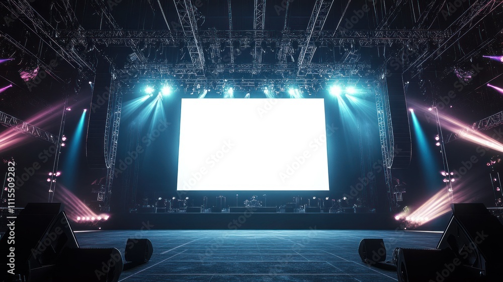 Poster modern concert stage rigging with large white led screen, towering sound system speakers and colorfu
