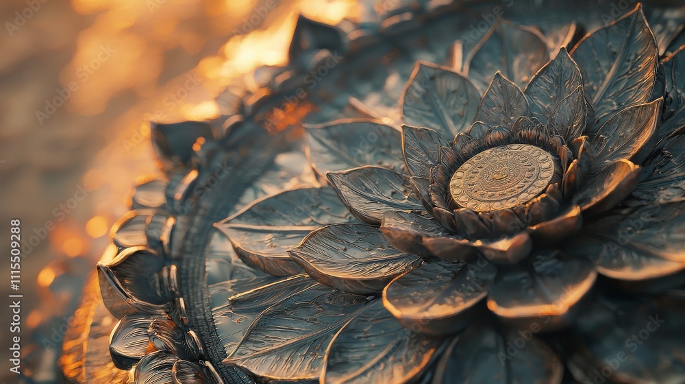 Poster tranquil lotus petals creating dharmachakra in a serene water setting nature photography perspective