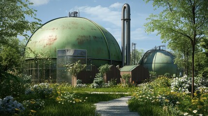 Obraz premium Futuristic Biosphere Greenhouse in Verdant Garden Landscape