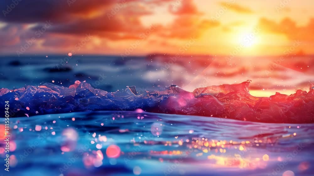 Poster waves splashing under a colorful sunset, highlighted by vibrant bokeh lights, creating a vivid and m