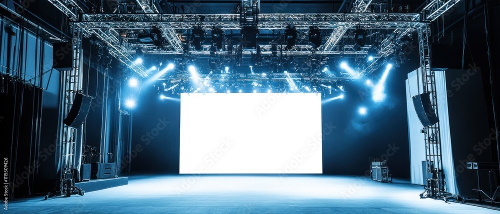 Poster spacious modern rigging stage with empty white background screen, stage lights, hanging speaker syst