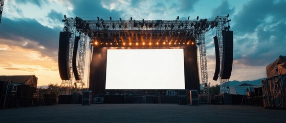 Outdoor concert stage supports blank white screen, sound system, dynamic lighting fixtures, background AI generated image