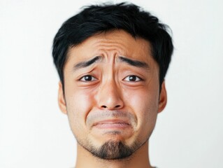 Obraz premium Powerful emotional portrait capturing a man s face in a raw vulnerable moment displaying a mix of joy relief and tears on a plain white background