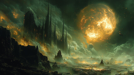 apocalyptic alien cityscape under a fiery sky with a giant burning orb looming