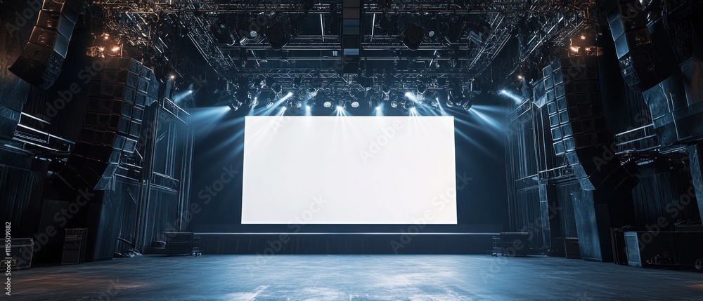 Poster spacious modern rigging stage with empty white background screen, stage lights, hanging speaker syst