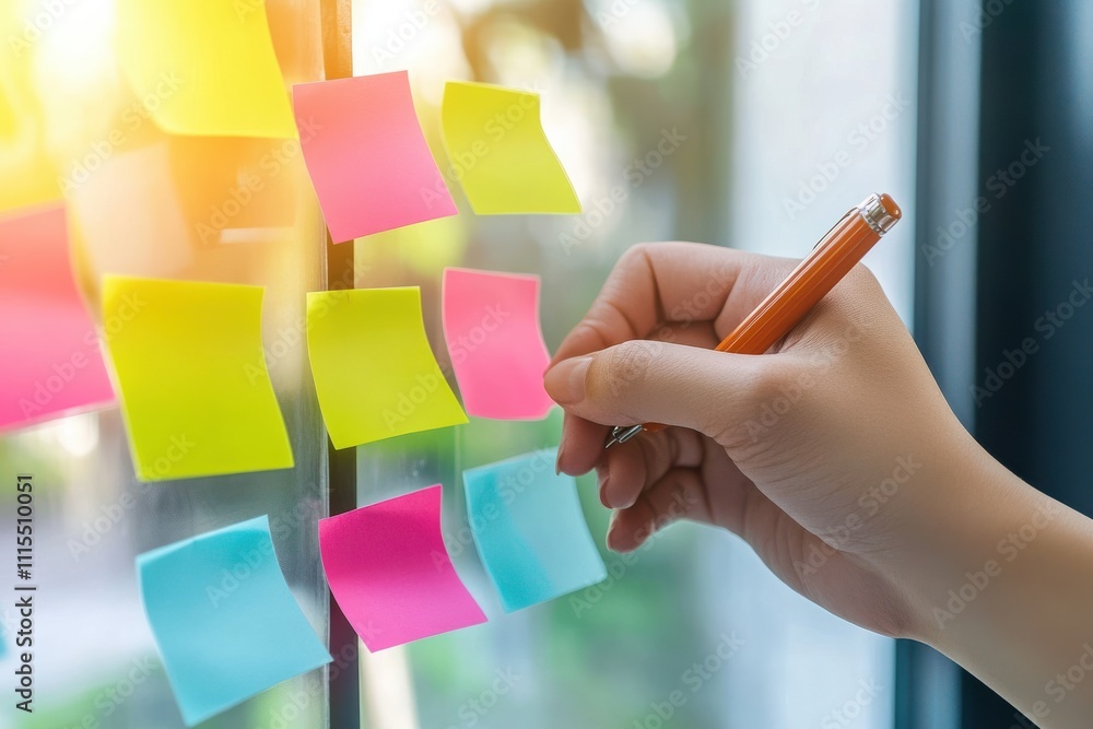 Poster creative process in action: using sticky notes on a glass wall for effective idea mapping in a brigh