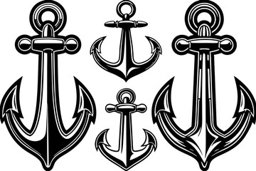 Set of Ship anchor silhouette vector illustration, boat safety anchors