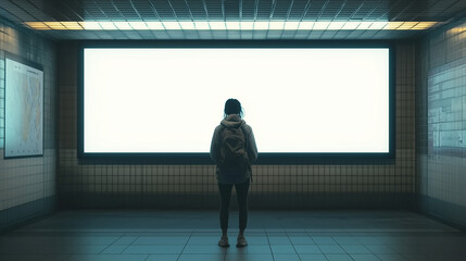 
An urban subway station with a young person standing thoughtfully in front of a large, bright, illuminated blank billboard. The station has tiled walls, subtle lighting, and a modern, clean design. T