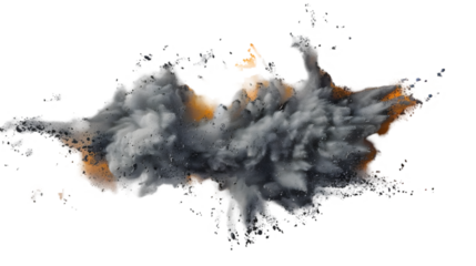 Grey, White, Orange colours powder exploding isolated on a transparent background