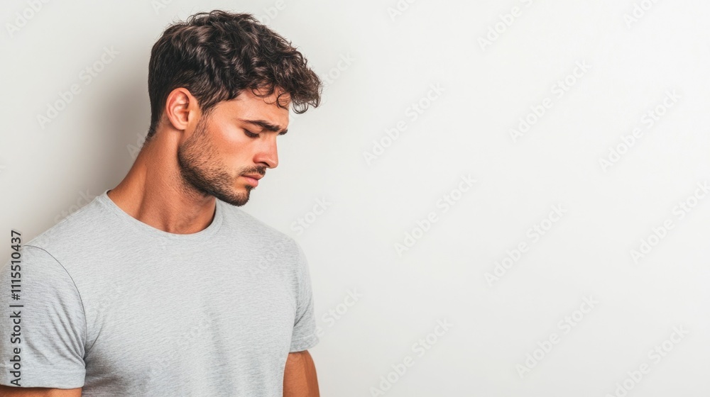 Poster a pensive deeply vulnerable looking man with a bowed head isolated against a plain white background 