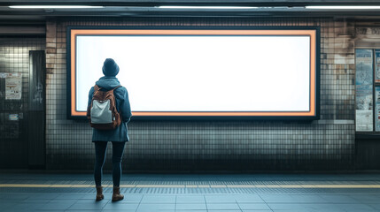 
An urban subway station with a young person standing thoughtfully in front of a large, bright, illuminated blank billboard. The station has tiled walls, subtle lighting, and a modern, clean design. T