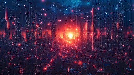 Fototapeta premium Futuristic digital cityscape at night, illuminated by vibrant lights and modern architecture, representing innovation, technology, and urban progress in a connected digital era.