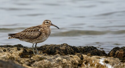 Obraz premium Curlew bird on rocky shoreline in natural coastal habitat scene